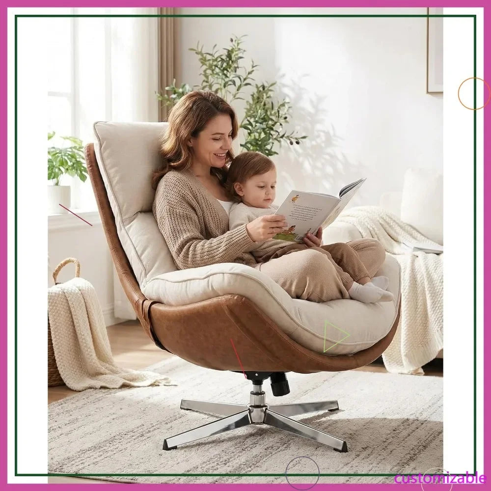 Modern Swivel Lounge Chair High Back Recliner with Metal Base for Living Room Office Beige Comfortable