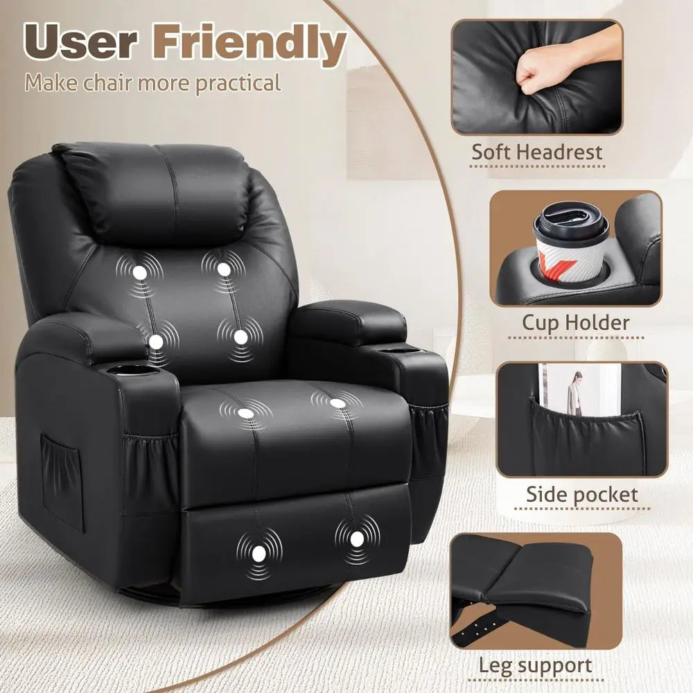 Black Leather Swivel Rocking Recliner Chair with Massage and Cup Holders for Living Room, Bedroom, or Nursery