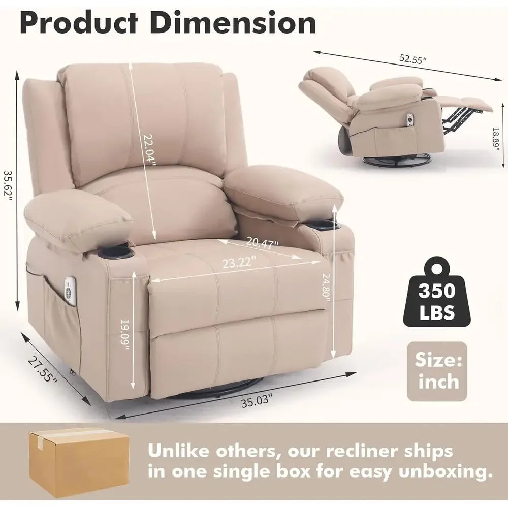 Leather Swivel Rocker Recliner with Heat Massage and Cup Holders, Plush Rocking Glider Chair with Heated Massaging Recline, Beig
