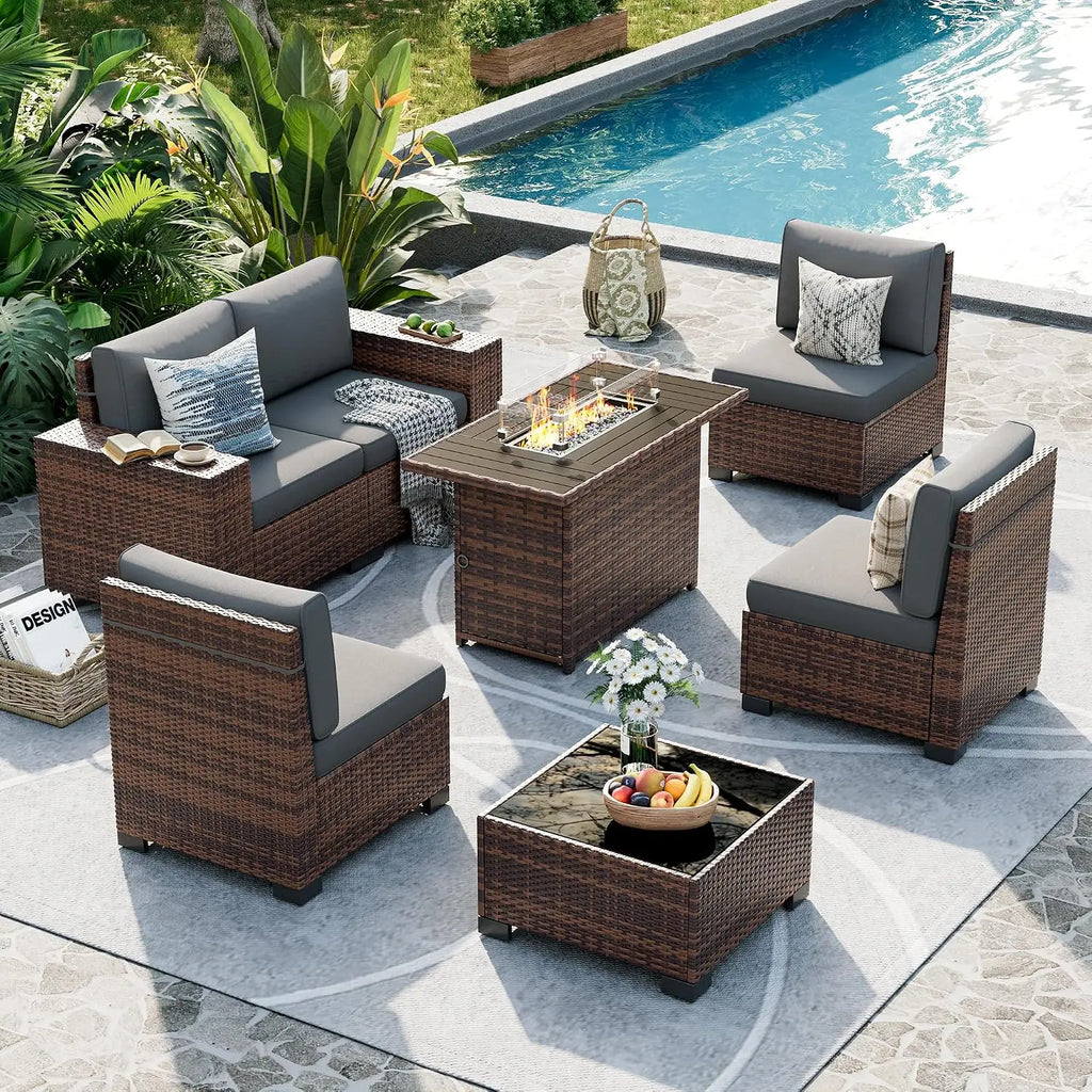 Outdoor Wicker Sectional Sofa Set with Fire Pit Table, 7-Piece All-Weather Patio Furniture with 8 Inch Armrest for Garden Backya
