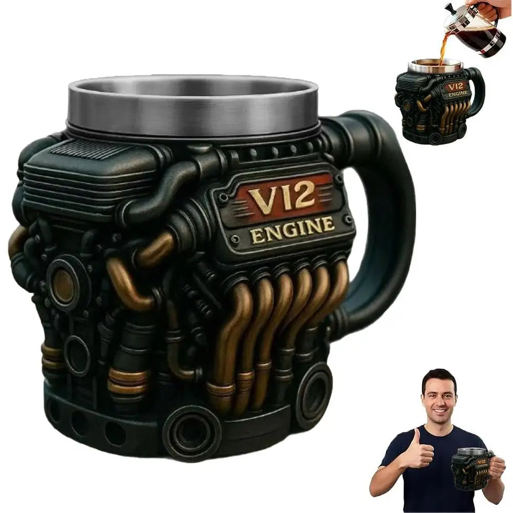 V6 V8 V12 Vintage Engine Coffee Cup Insulation Water Mug for Car Enthusiasts Mechanics Engineers Fathers Men Boyfriends Gifts