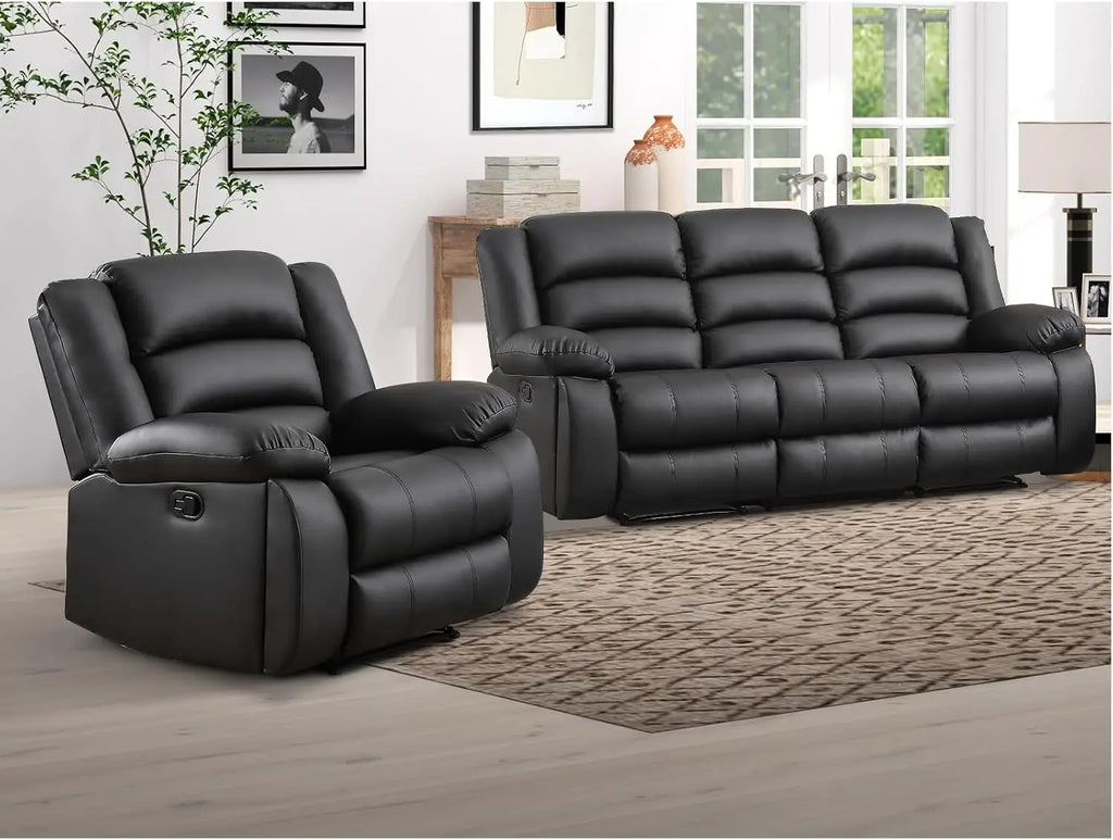 Faux Leather Manual Recliner Sofa Set, 3 Seat Reclining Sofa, Couch Furniture Set for Living Room, Black