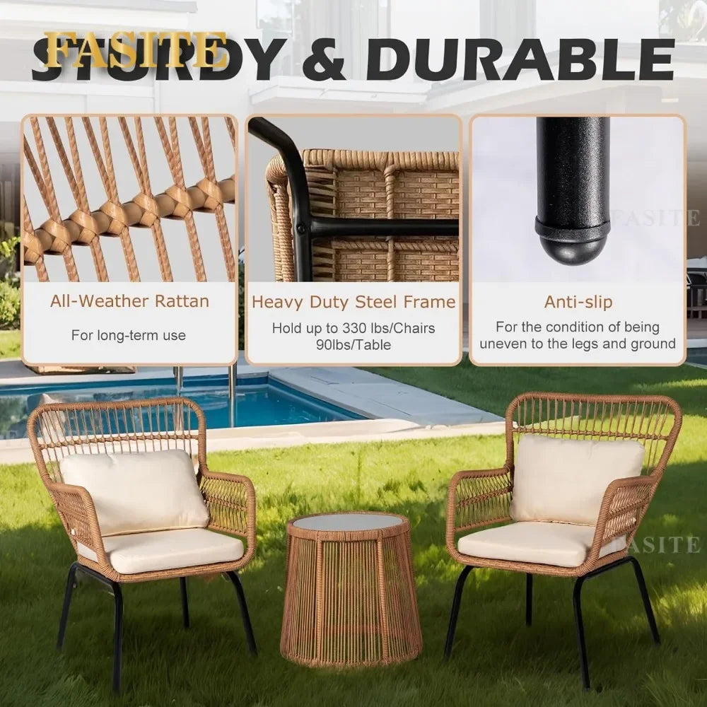 3 Piece Outdoor Wicker Furniture Bistro Set, Rattan Chairs Conversation Porch