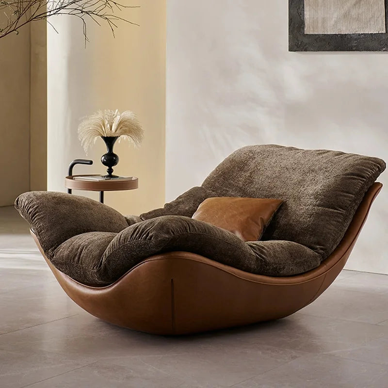#Nordic Italian Minimalism Genuine Leather Living Room Lounge Chair Sofa Recliner High-end Bedroom Home Furniture Wood Legs