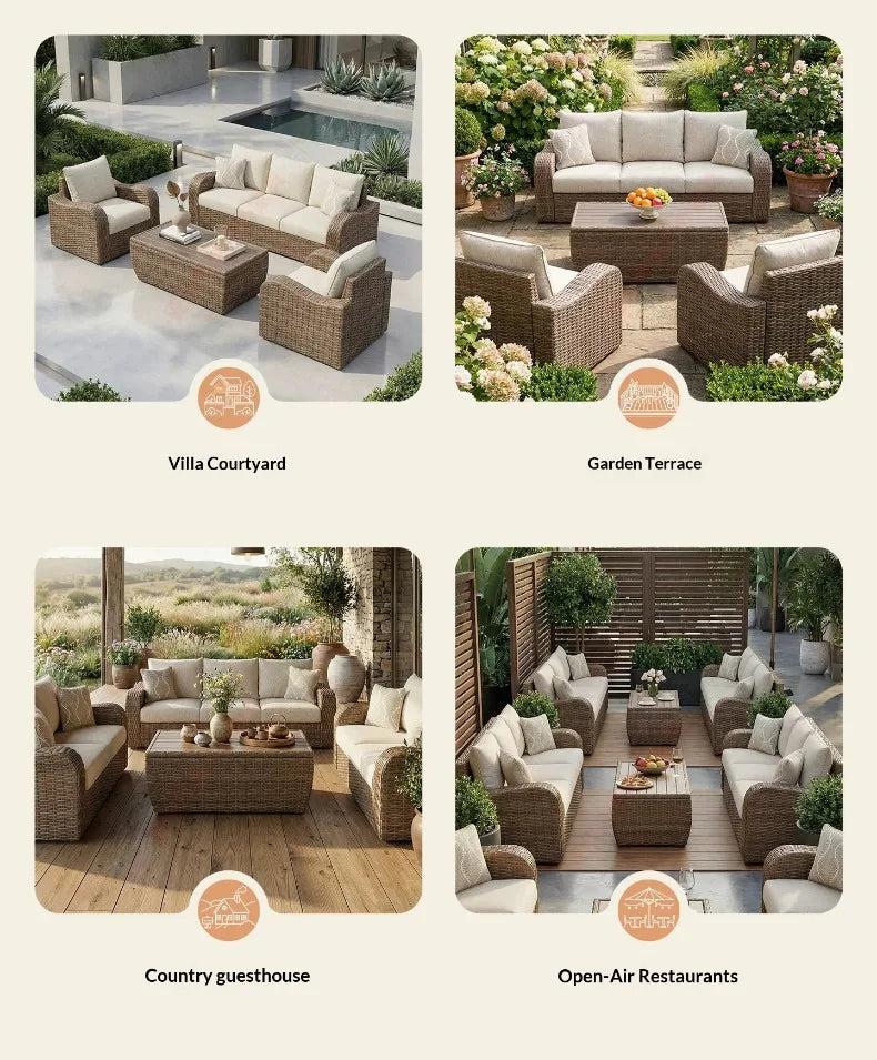 Outdoor PE Rattan Sofa Table Set, Waterproof Sun‑Resistant Patio Furniture for Garden, Balcony and Backyard Leisure Use