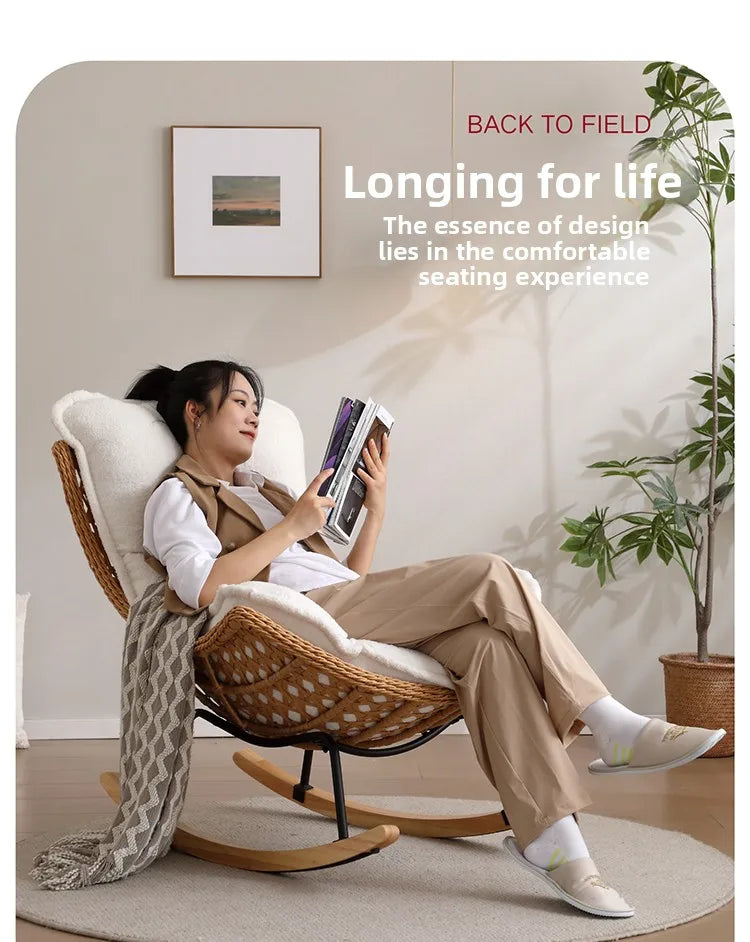 Rattan Rocking Chair for Sleeping Single Recliner Lounge Chair for Living Room Patio Outdoor Relaxing Seat Natural Wicker Rocker