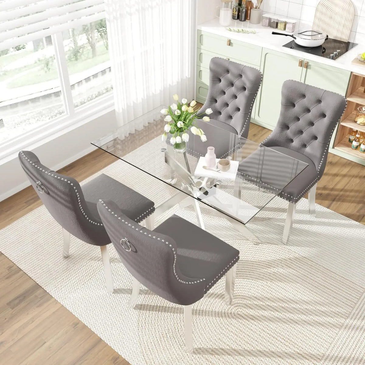 51" Glass Dining Table Set for 4, Grey | Tempered Glass Top, Silver Metal Legs, Velvet Chairs, Modern Dining Room Set, Custom