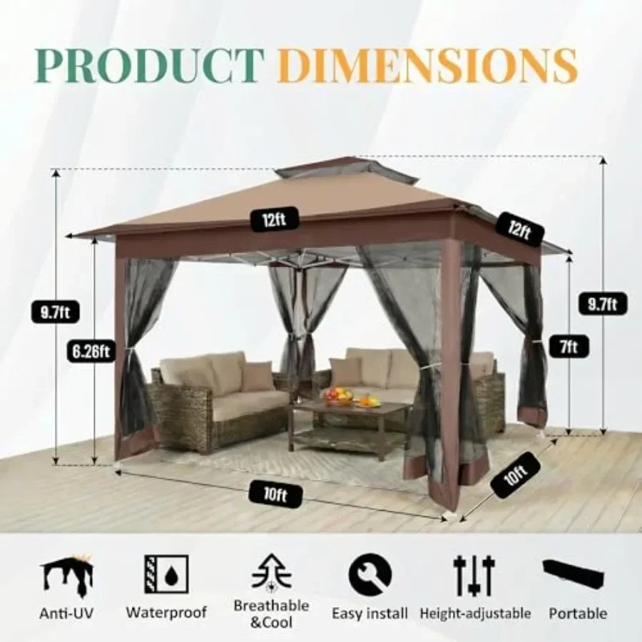 Pop Up Gazebos On Clearance - Upgrade Easy Up Metal Outdoor Gazebo Waterproof - Portable Gazebo with Mosquito Nettings, 4 Ropes