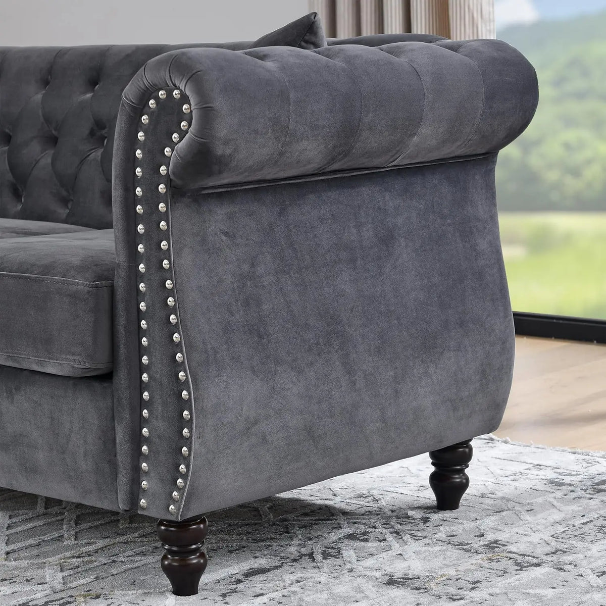59" Chesterfield Loveseat Velvet Tufted Sofa with Rolled Arms & Nailhead for Living Room Bedroom Office, Grey, Customized