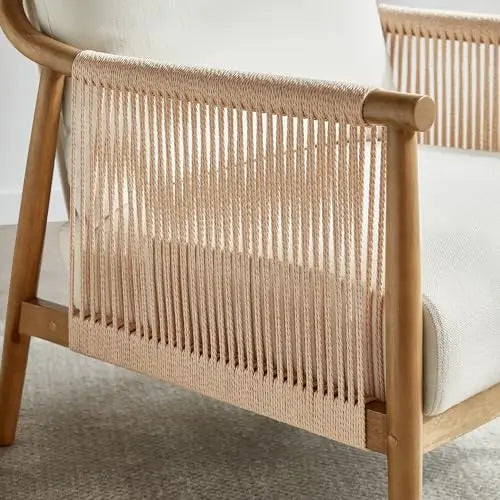 Braid Accent Chair with Wood Frame and Paper Cord Armrest, Cream | Boho Reading Armchair, FSC Certified Solid Wood