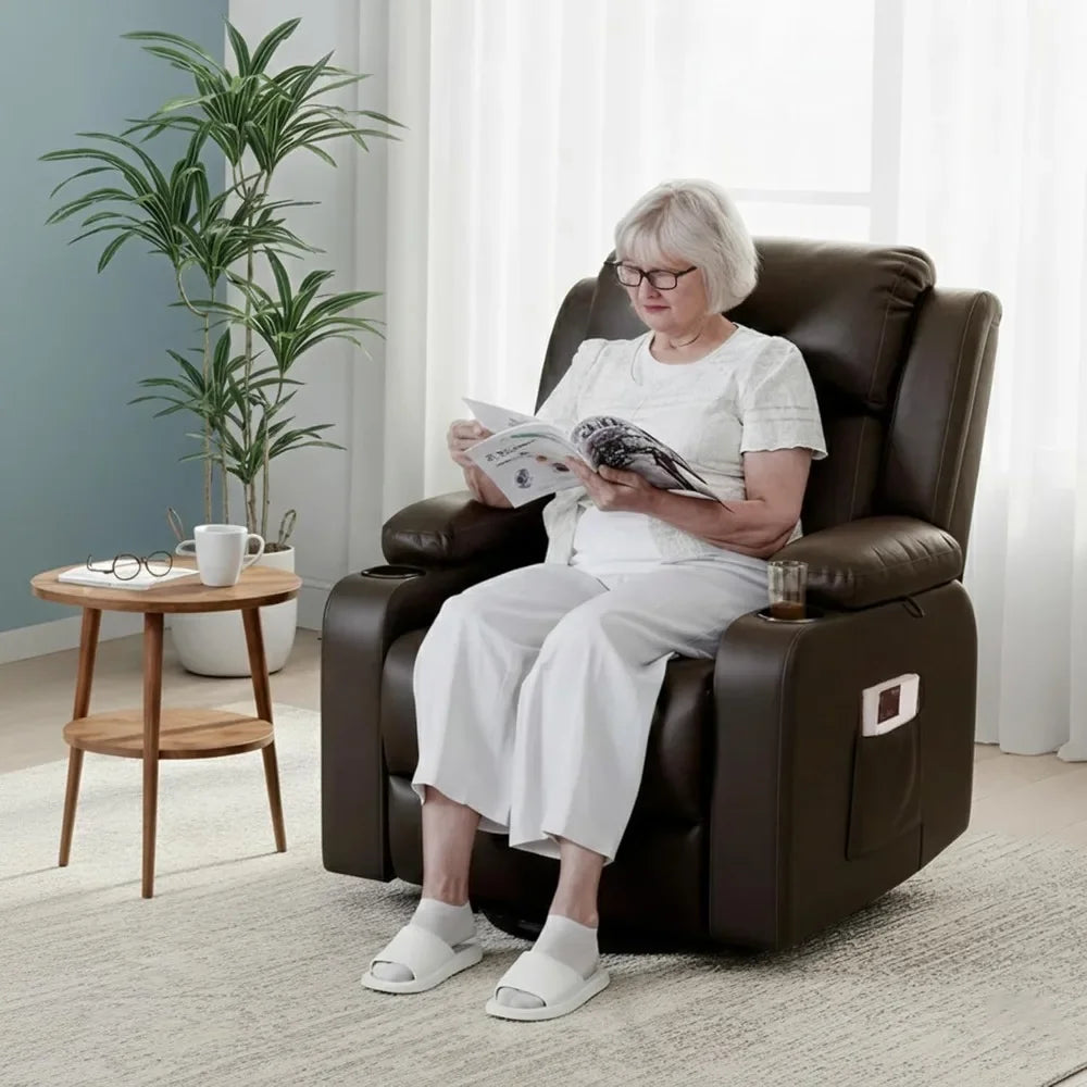 Electric Lift Recliner Chair with Massage & Heat for Elderly, PU Leather Sofa Cup Holders