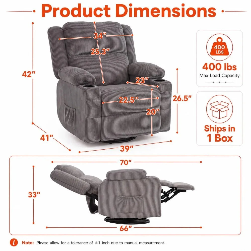 Swivel Rocker Recliner Chair with Heat & Vibration Massage, USB Port, Lounge Sofa for Living Room, Custom
