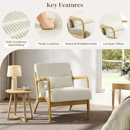 Accent Chair for Living Room, Corduroy Mid Century Modern Reading Armchairs with Lumbar Pillow for Bedroom, Decorative