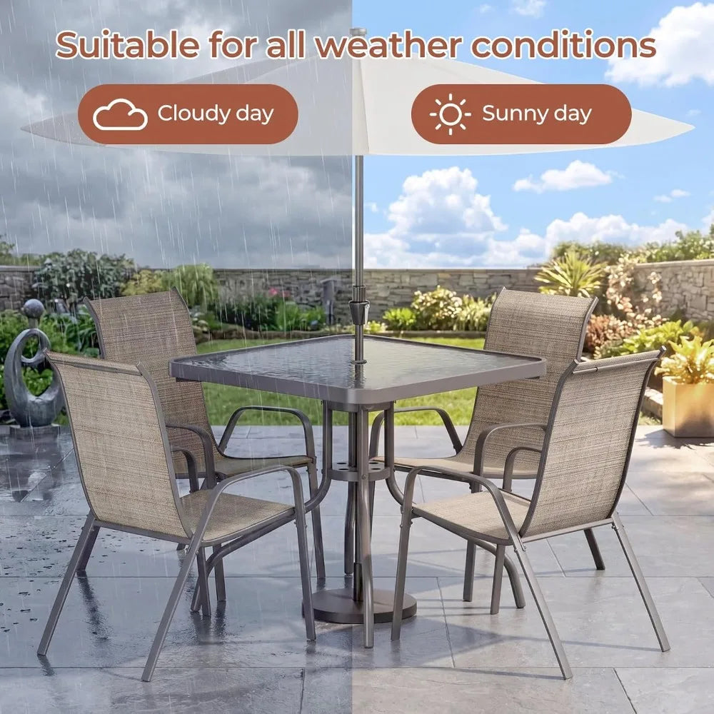 5-Piece Patio Dining Set - Glass Table, Stackable Chairs with Umbrella Hole, Durable for Outdoor Use