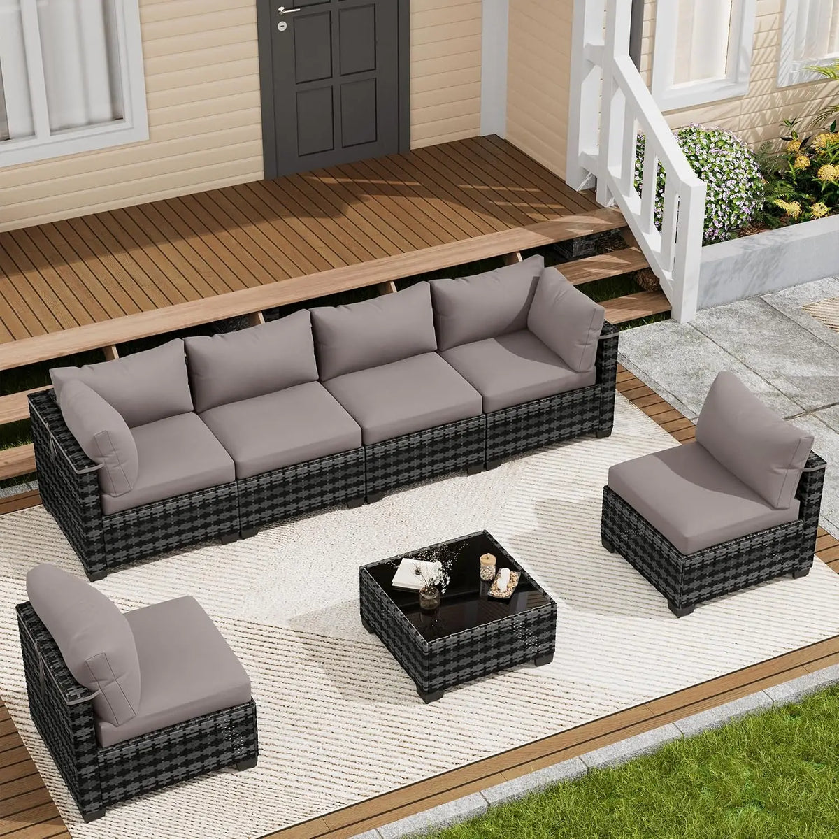 7 Piece Wicker Rattan Patio Conversation Set, Outdoor Sectional Sofa, Custom
