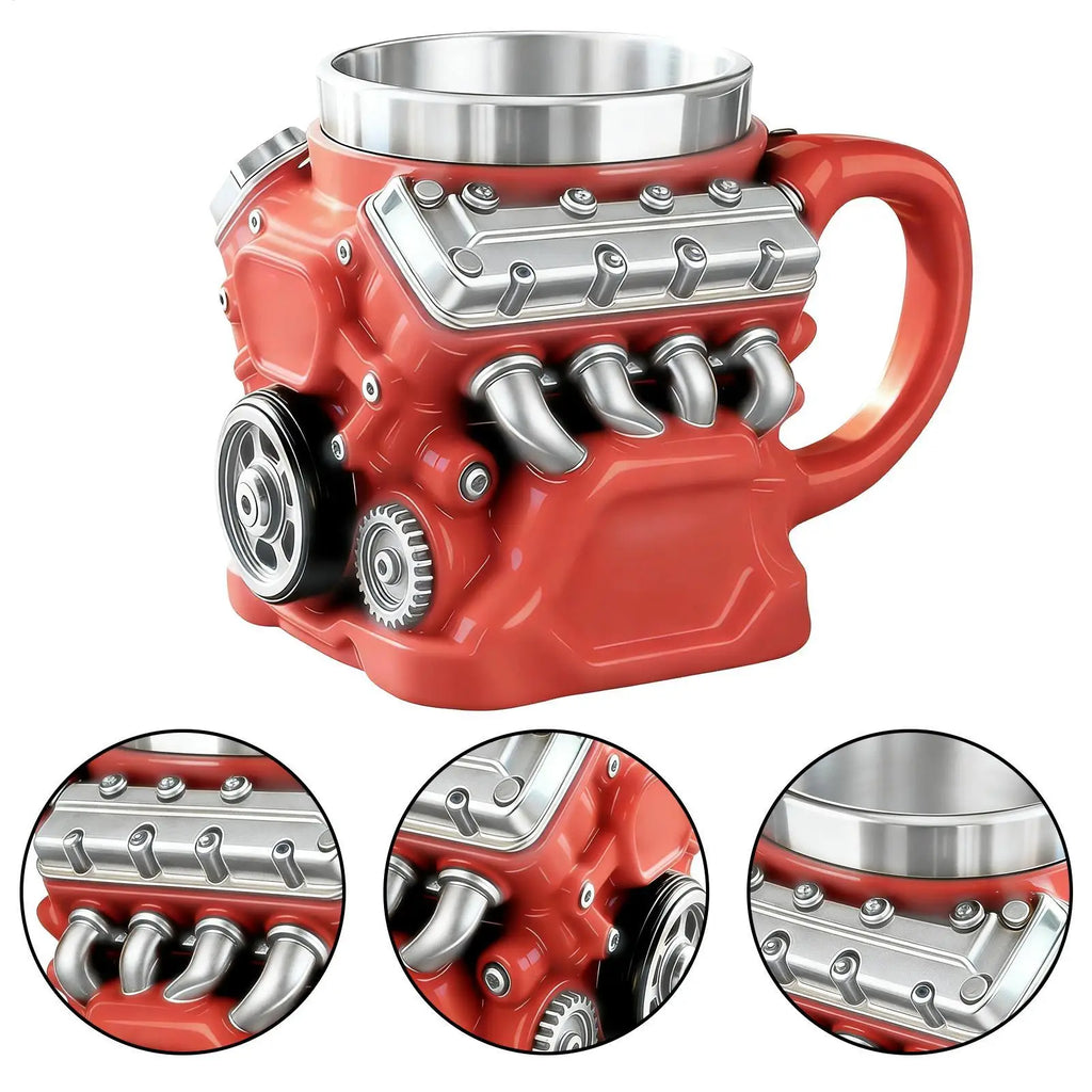 Retro Engine Coffee Mug Double Wall Stainless Steel 200ml V12 Motor Cup With Handle Insulated Realistic Car Enthusiast Gift