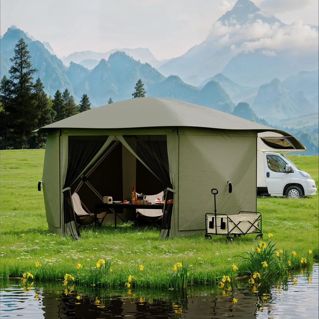 Portable Collapsible Gazebo Screen Tent – 6-Sided, 13FT/11FT, Removable Canopy Top, Bite-Proof Mesh, All-Weather Outdoor Shelter for Camping, Patio, Backyard