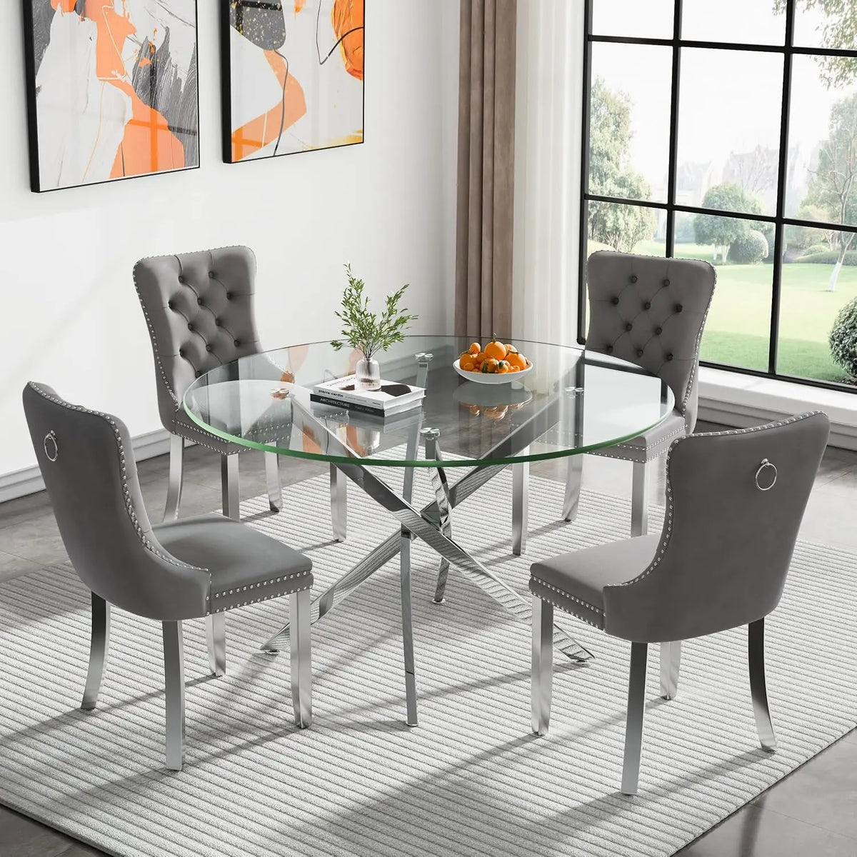 5-Piece Round Glass Dining Table Set for 4, 47.2" Circle Table with 4 Tufted Chairs for Kitchen Home Office, Customized