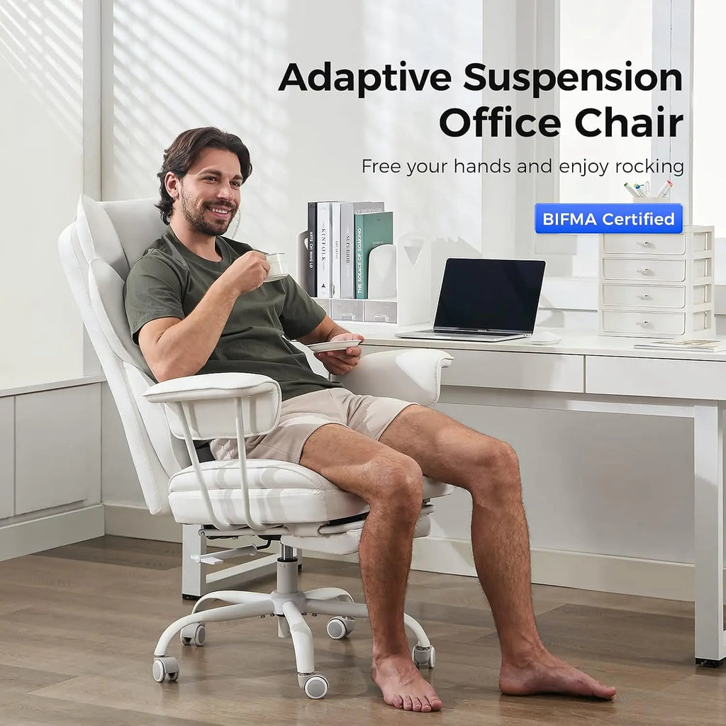 Wide Ergonomic Office Chair with Footrest, High Back Lumbar Support, Reclining Gaming Computer Chair for Heavy People (White)