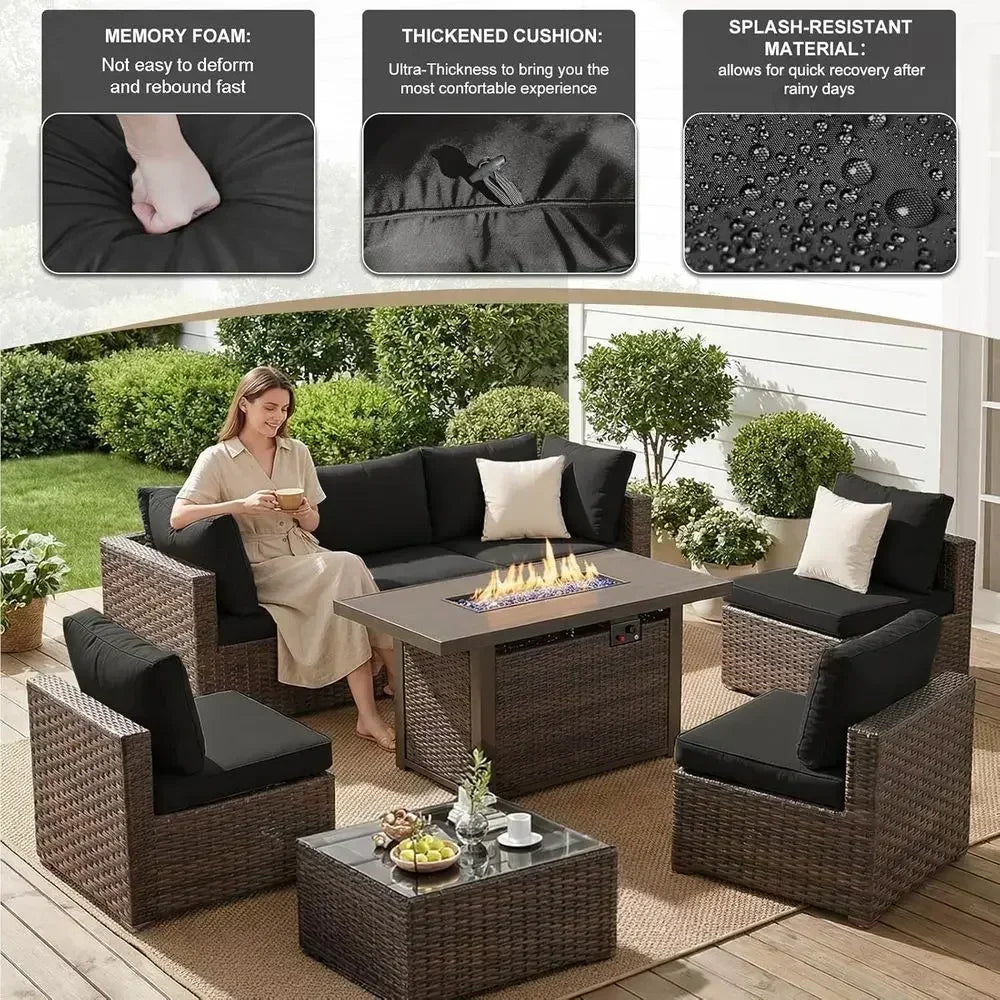 8-Piece Outdoor Patio Sectional Set with 44 Propane Wicker Table, Cushioned for Backyard, Poolside, Garden in Black