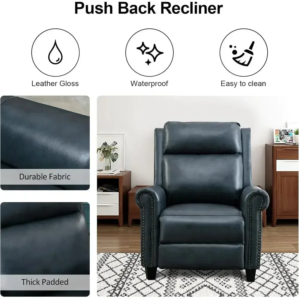 Navy Blue Classic Push Back Recliner Chair with Comfortable Arms for Living Room or Bedroom