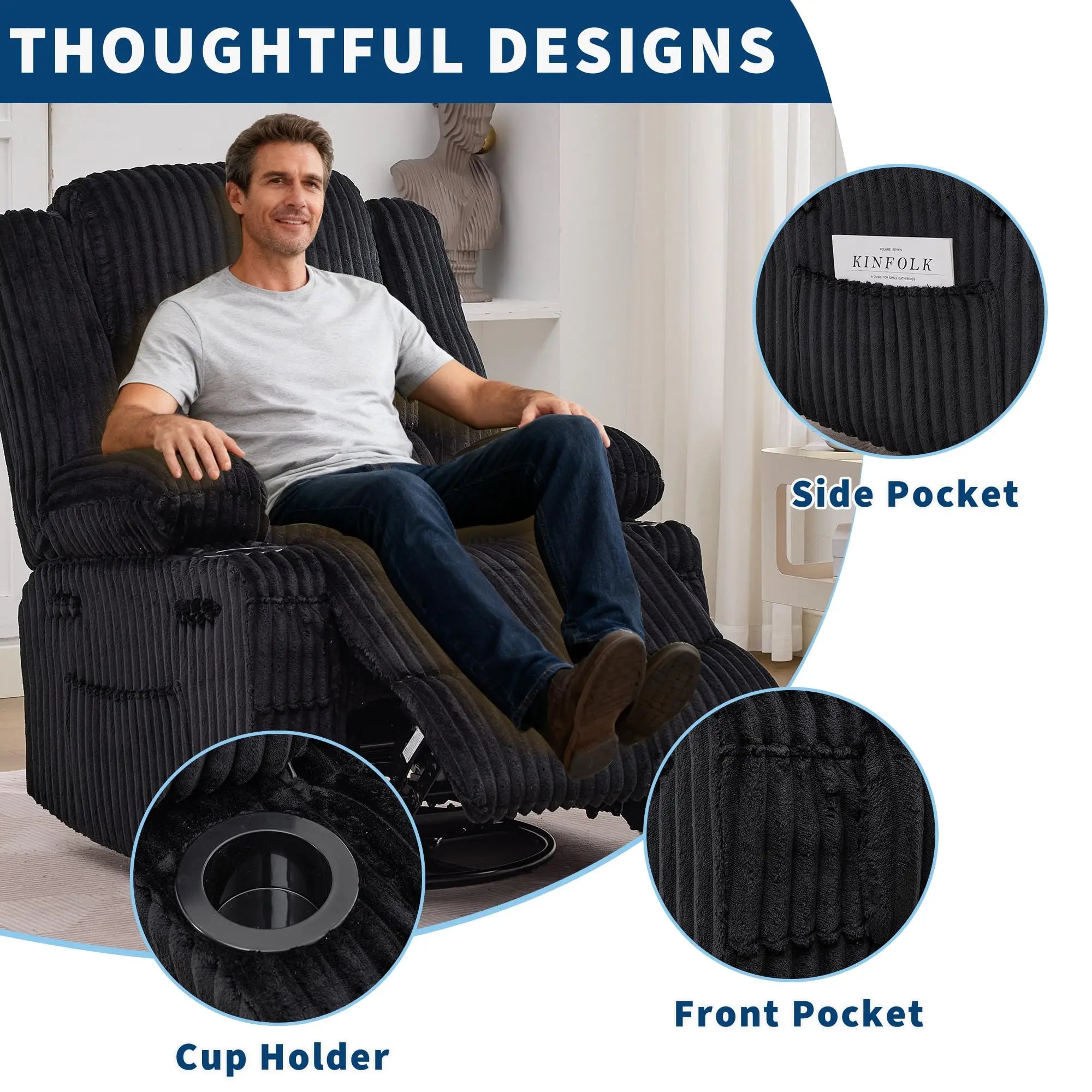 Jumbo Corduroy Rocking Recliner Chair With Cup Holder Swivel Glider Upholstered Deep Seat Lazy Boy Nursery Chair For Living Room