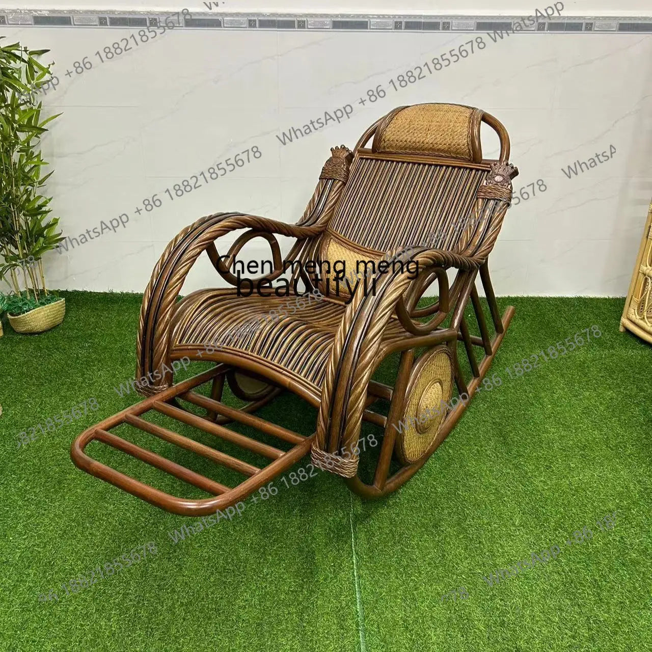 E153 Natural Real Rattan Elderly Nap Home Lazy Rocking Chair Adult Balcony Leisure Recliner