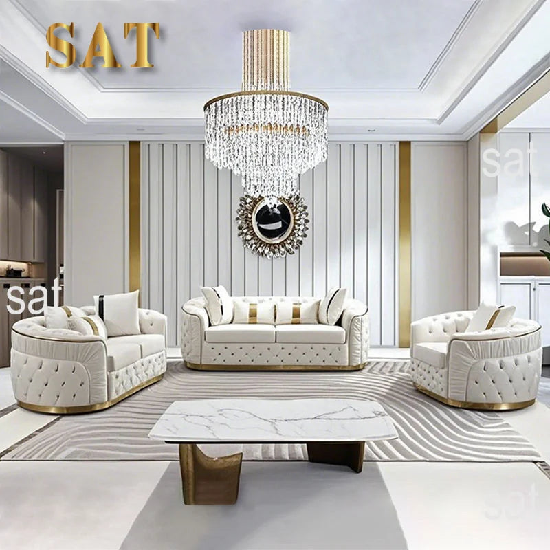 #Factory Outlet European Luxury Rose Gold Leg White Sectional Sofa Genuine Leather Modern Modular Button Tufted LivingRoom Couch