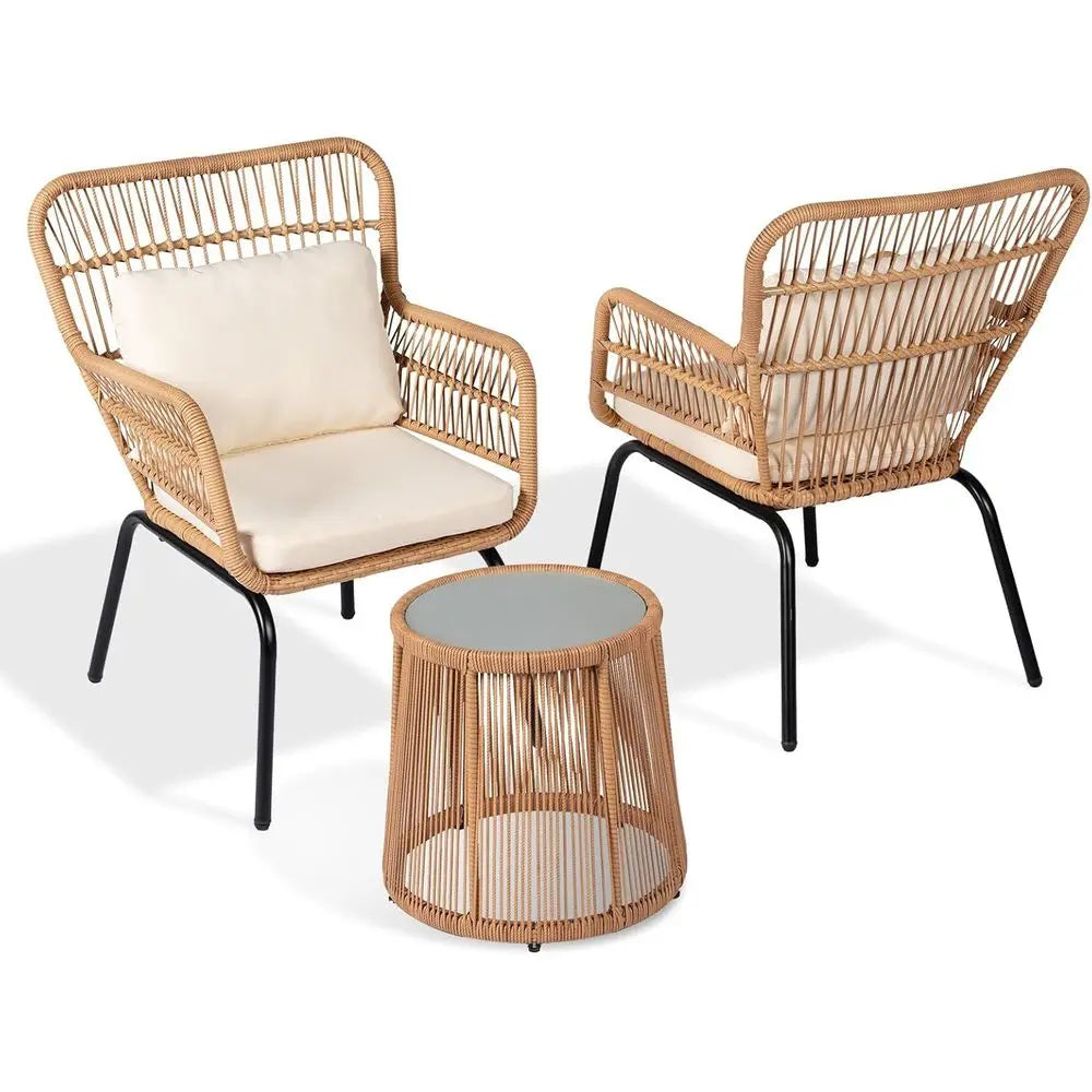 3-Piece Outdoor Wicker Bistro Set with 2 Rattan Chairs and Tempered Glass Table for Patio, Balcony, Poolside, and Backyard in Be