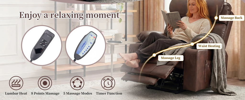 Redlife Oversized Dual Motor Power Lift Recliner for Elderly | Zero Gravity 25.6" Wide Seat, Massage ＆ Heat, Adjustable Headrest & Hidden Storage, Leathaire