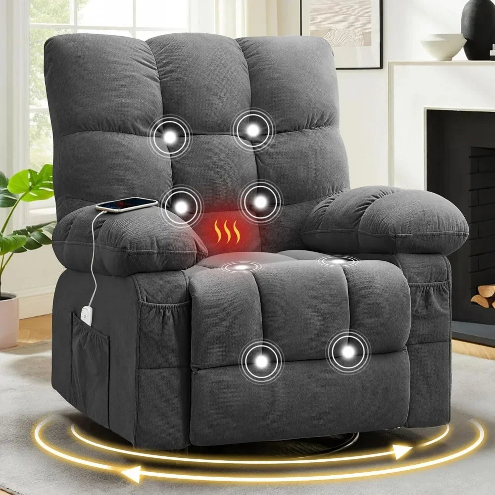 Swivel Rocker Recliner Chair with Vibration Massage, Heat, and USB Charging for Living Room