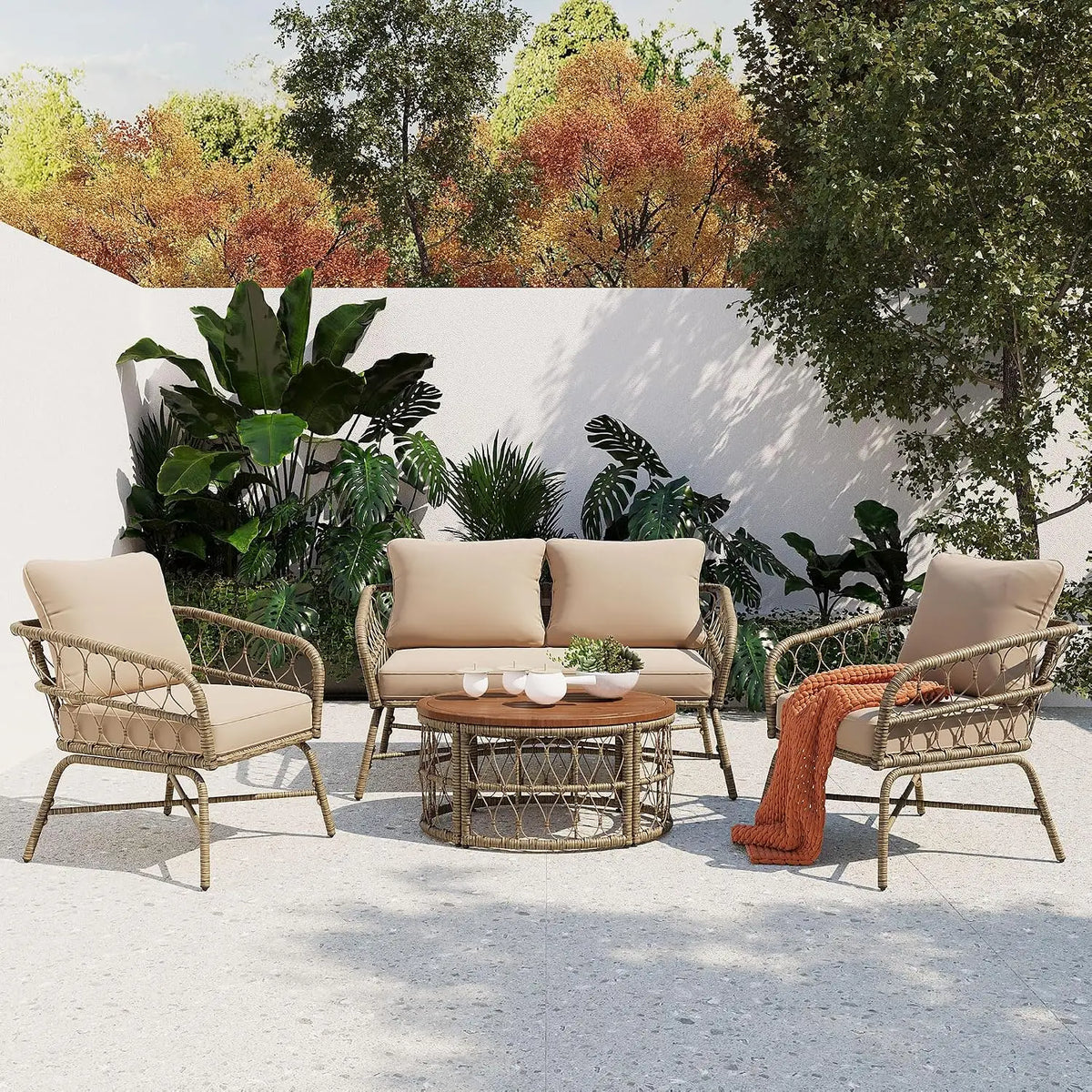 4-Piece Patio Set, All Weather Sectional w/ 2 Chairs, Loveseat & Table, Acacia Wood Outdoor Furniture with Cushions, Customized