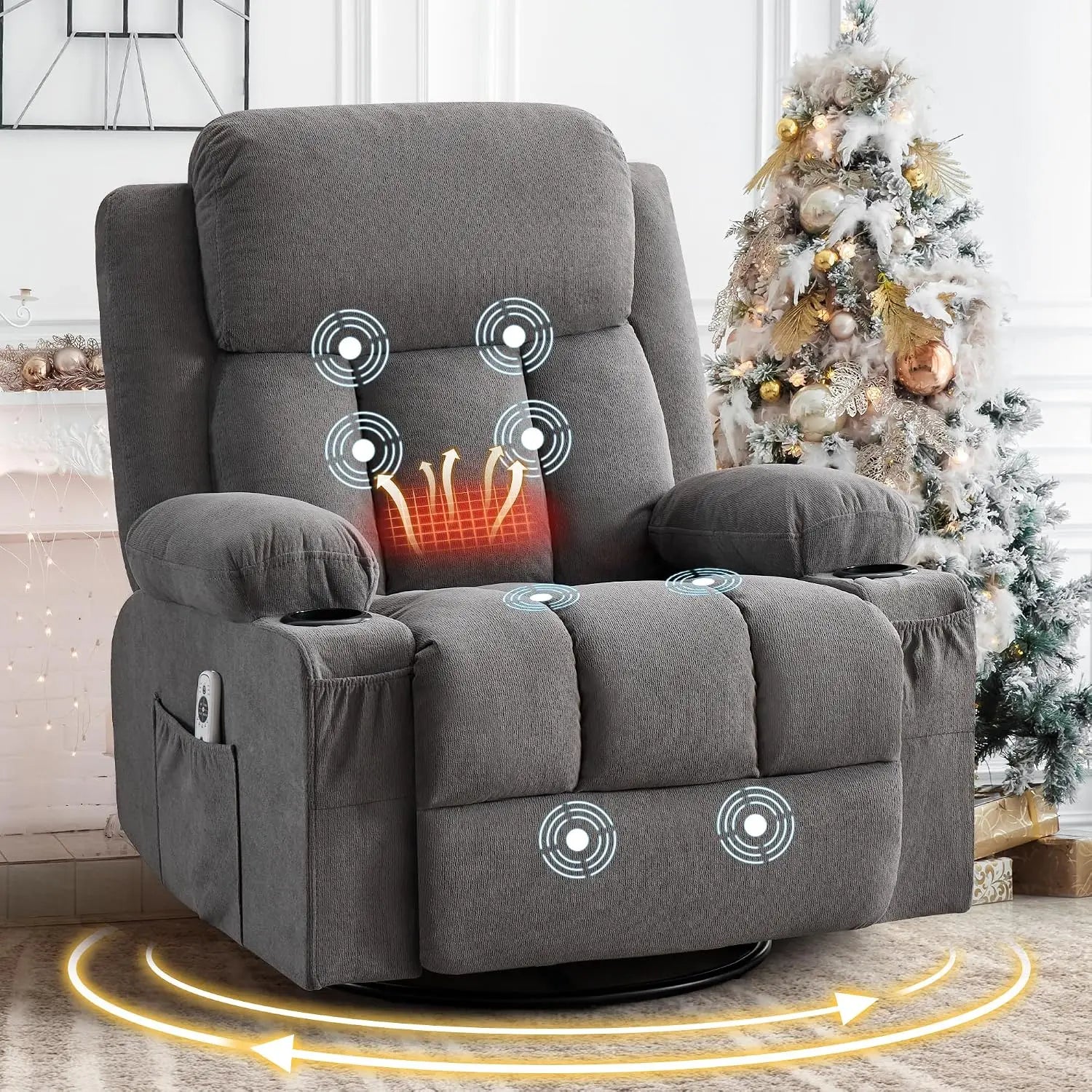 Swivel Rocker Recliner with Massage, Heat, USB, Cup Holders & Side Pocket for Living Room, Customized
