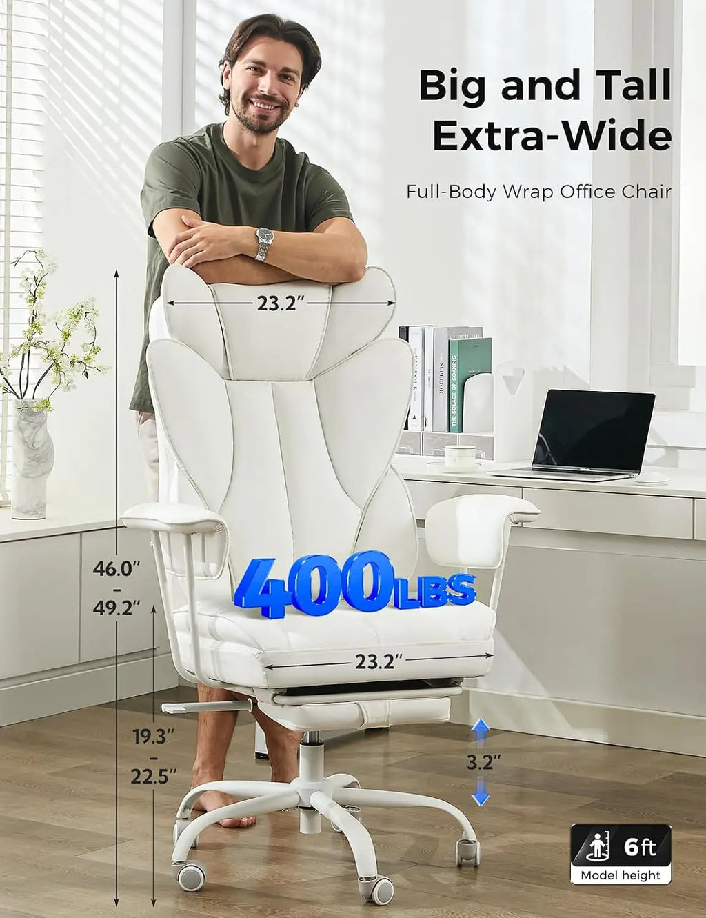 Wide Ergonomic Office Chair with Footrest, High Back Lumbar Support, Reclining Gaming Computer Chair for Heavy People (White)