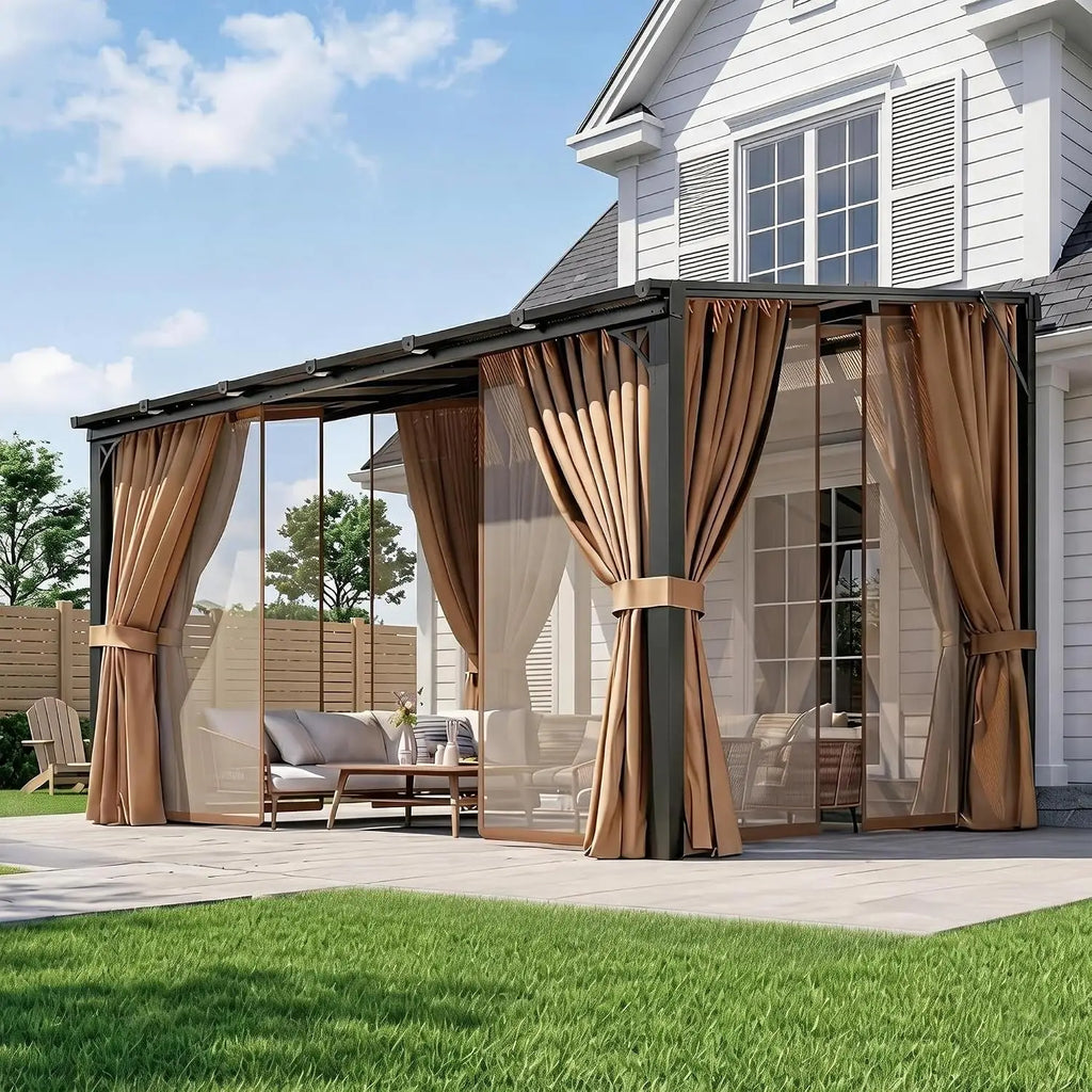 10x12ft Aluminum Lean-to Gazebo, Mosquito Net, Curtains & Polycarbonate Panel for Patio, Custom