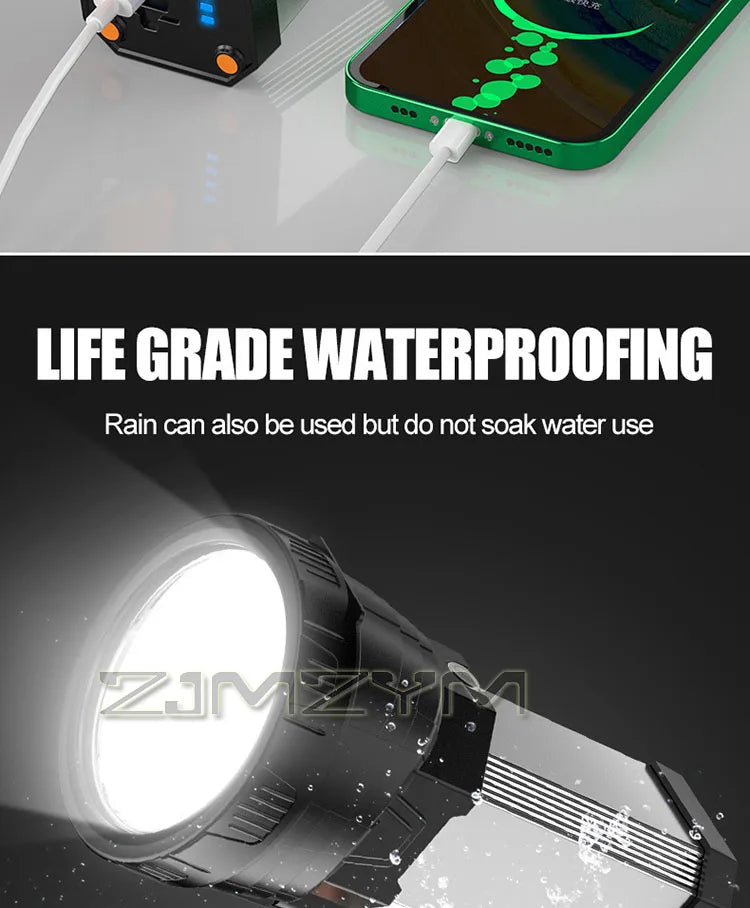 Super Bright Searchlight Powerful Rechargeable Flashlight LED Work Light Long Lasting Spotlight Camping Lantern With Side Light