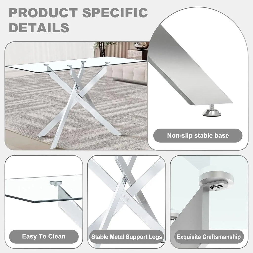 51" Glass Dining Table Set for 4, Grey | Tempered Glass Top, Silver Metal Legs, Velvet Chairs, Modern Dining Room Set, Custom