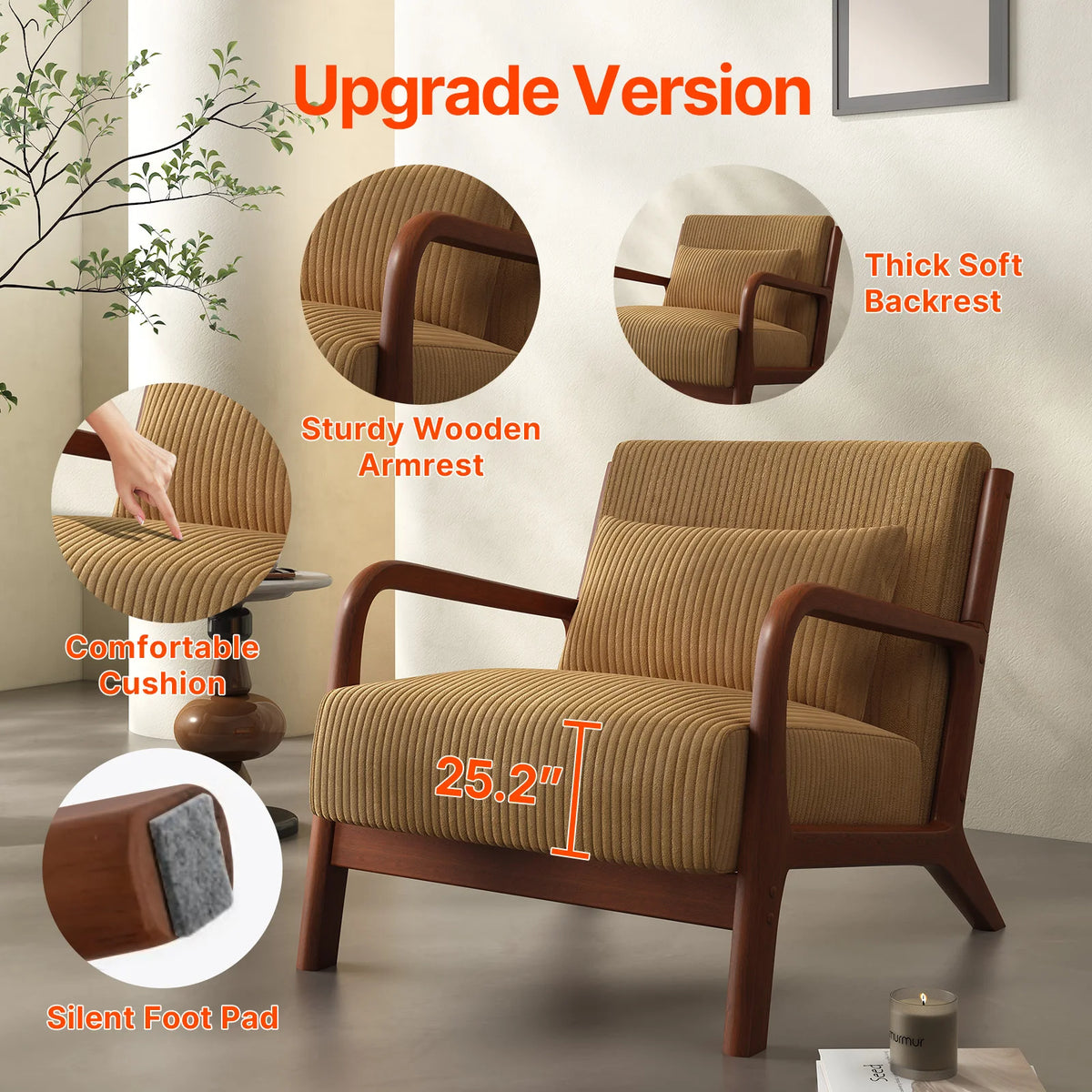 Mid Century Modern Accent Chair, Comfy Fabric Reading Chair with Solid Wood Frame, Easy Assembly Armchair for Living Room