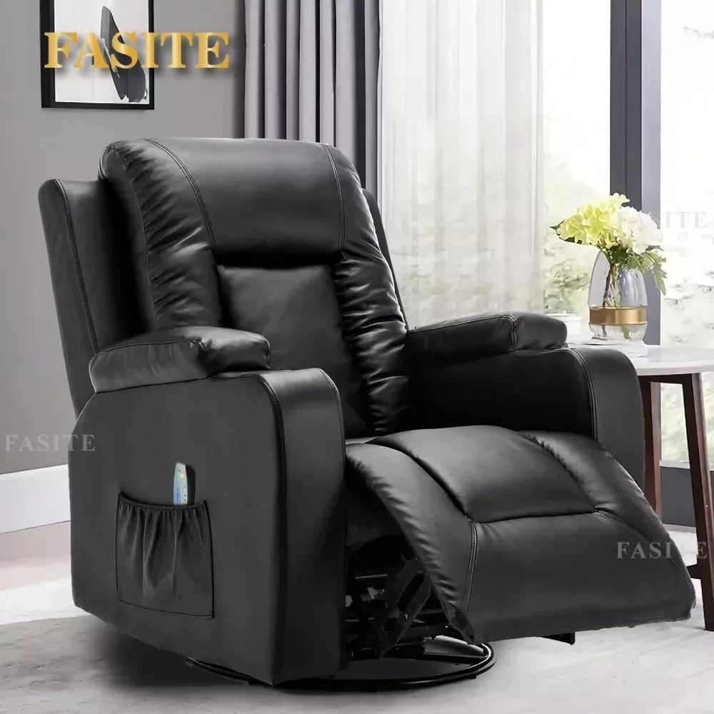 Leather Recliner Chair Modern Rocker with Heated Massage Ergonomic Lounge 360 Degree Swivel Single Sofa Seat with Drink Holders