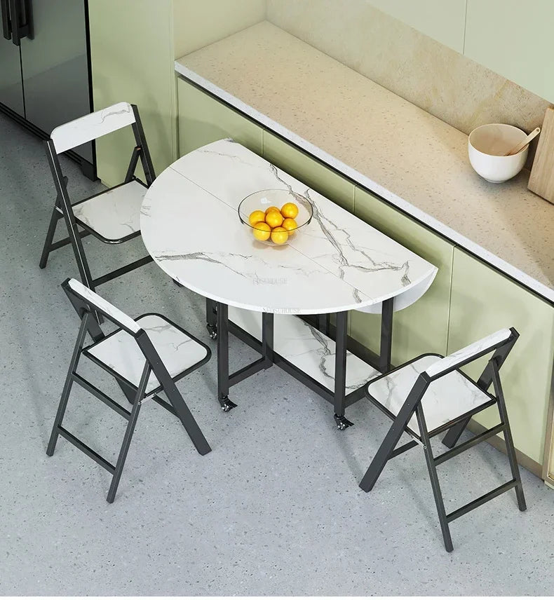 Home Folding Dining Table Set with Chairs Mobile Round Furniture Modern Kitchen Living Room Light Luxury Simple Portable