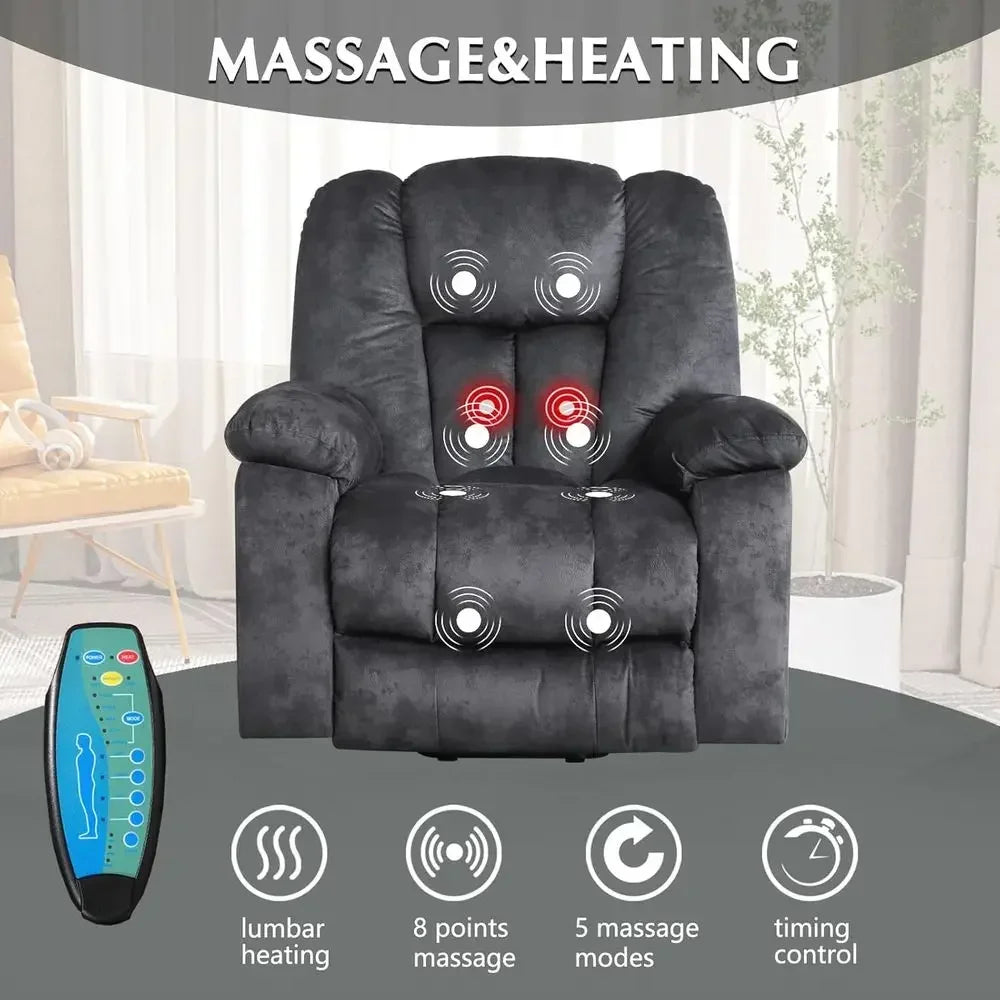 Oversized Recliner with Massage, Heat, USB Port, and Safety Mechanism for Elderly, Gray