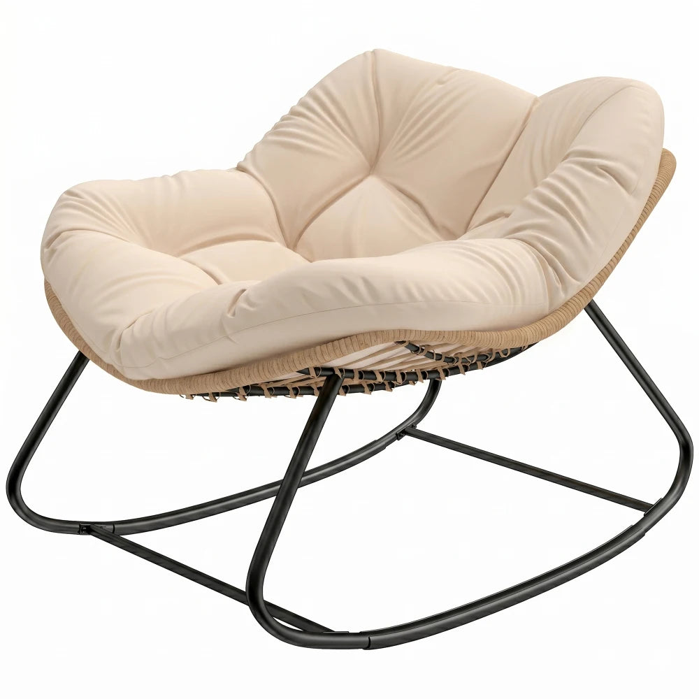 Oversized PE Wicker Rocking Papasan Chair, Egg‑Shaped Outdoor Saucer Chair with 3.9" Thick Cushion, Powder‑Coated Steel Frame Anti‑Slip Rocker for Porch Balcony