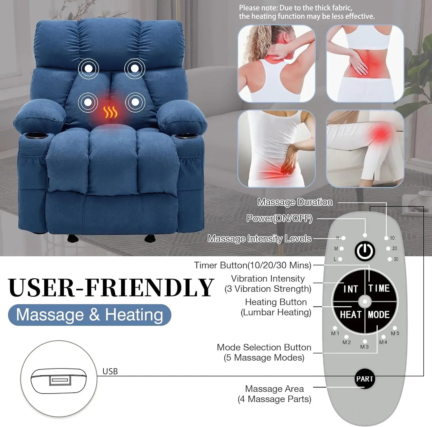 Blue Ergonomic Rocking Recliner Chair Heat Vibration Massage Lounge Living Room Storage Cup Holders