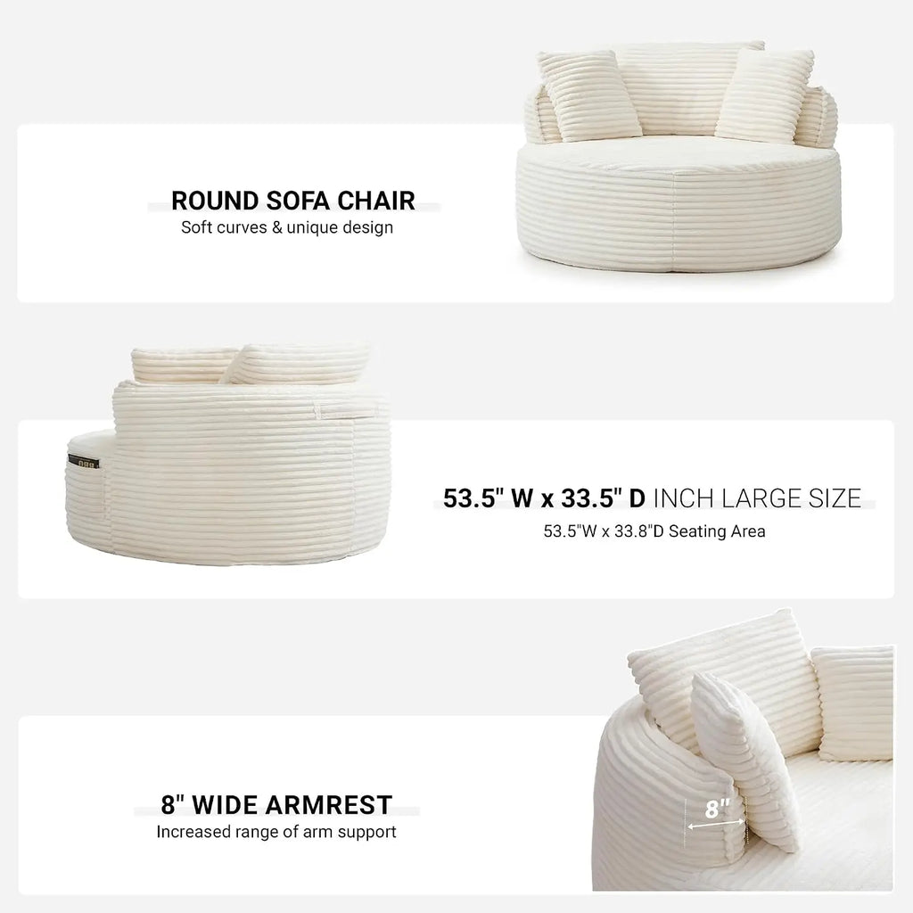 Oversized Round Lounge Chair Indoor, Corduroy Upholstered Deep Seat Cloud Circle Sofa Chair, Fluffy Boneless Sleeper Chair for R