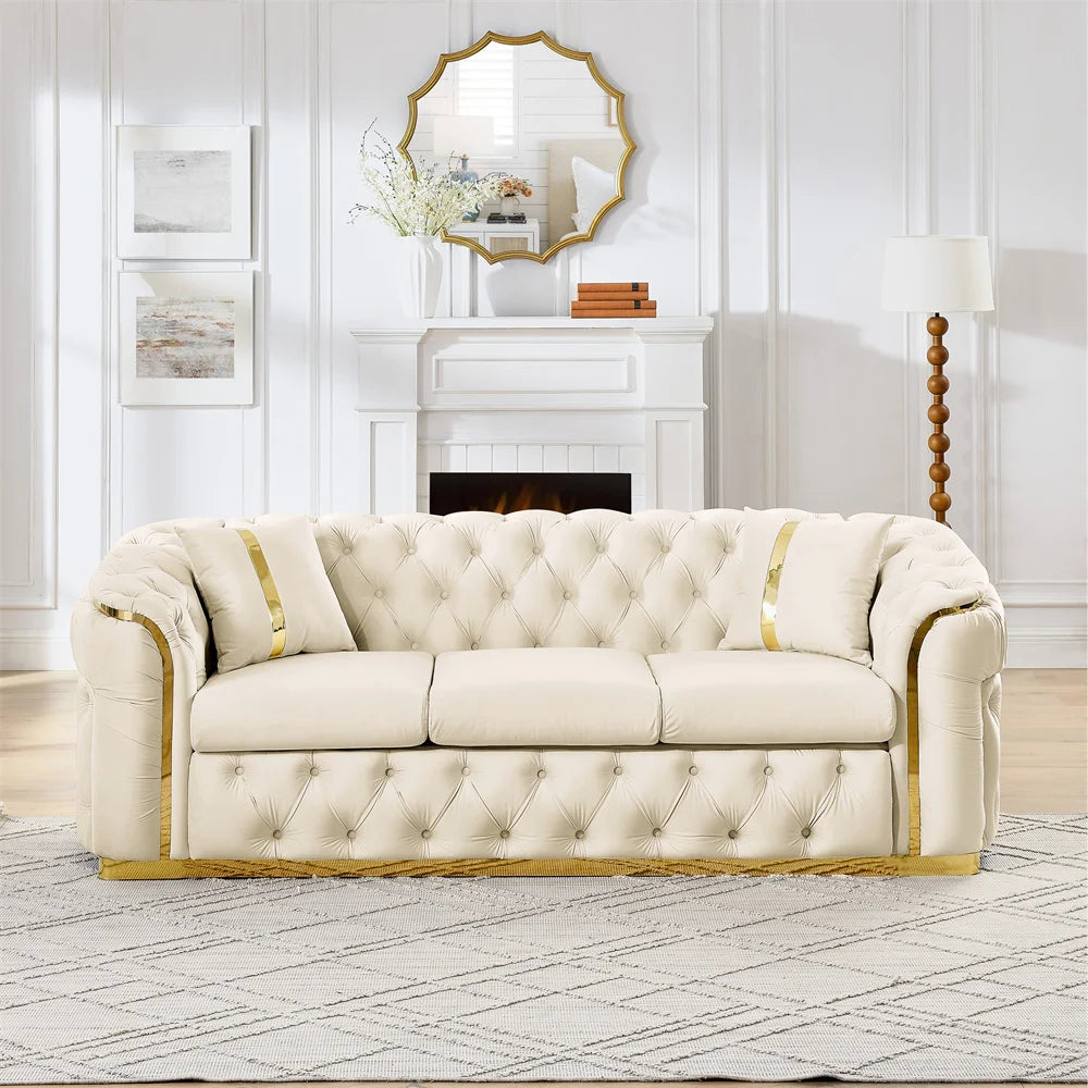 #￥Custom Velvet Button Tufted Sofa Couch with 2 Pillows 3 Seater Luxury Chesterfield Sofa Set with Gold Stainless Steel Accents