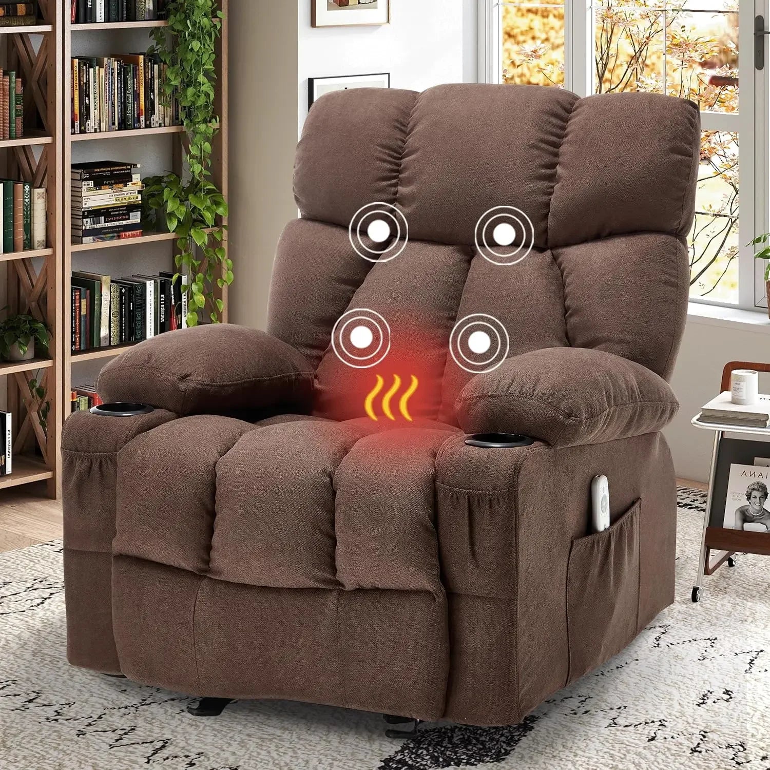 Brown Fabric Massage Recliner Rocker Ergonomic Chair Heat Vibration USB Cup Holders Side Pocket