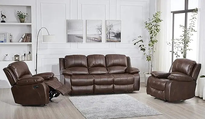 Leather Recliner Set, Sofa,Chair,with Elevating Footrest & Effortless Assembly