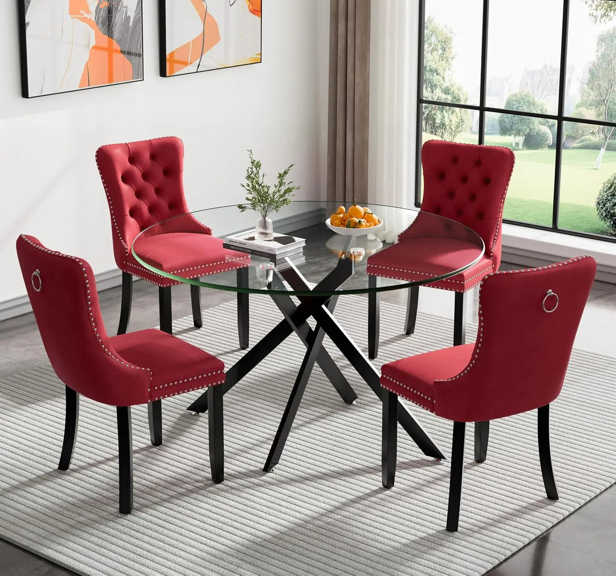 5-Piece Round Glass Dining Table Set for 4, 47.2" Circle Table with 4 Tufted Chairs for Kitchen Home Office, Customized