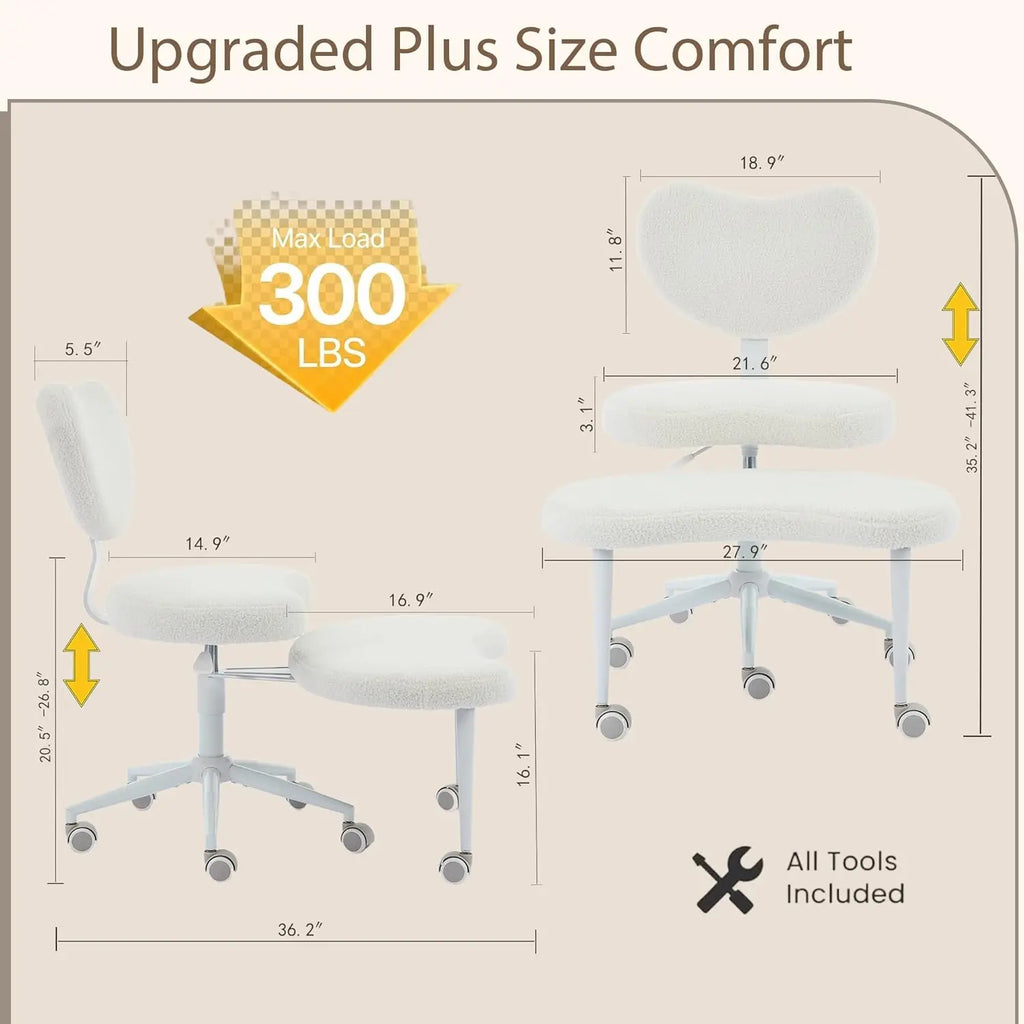 Cross Legged Chair with Wheels, Ergonomic Office Chair for ADHD, Height Adjustable, Lumbar Support, Teddy Fabric, Ivory