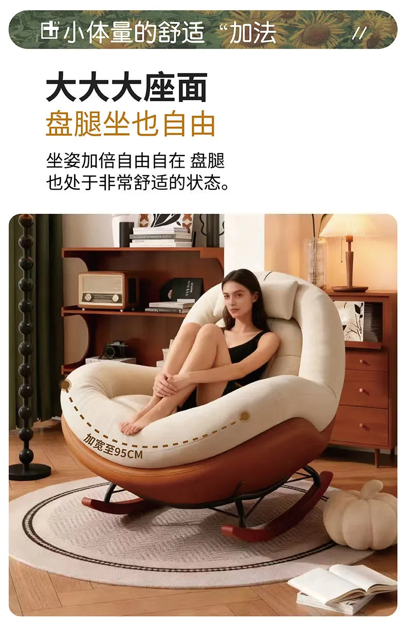 Cozy Button Tufted Rocking Leisure Chair, Curved Wrap-around Chenille Padded Single Recliner Sofa Chair With Wooden Rocking